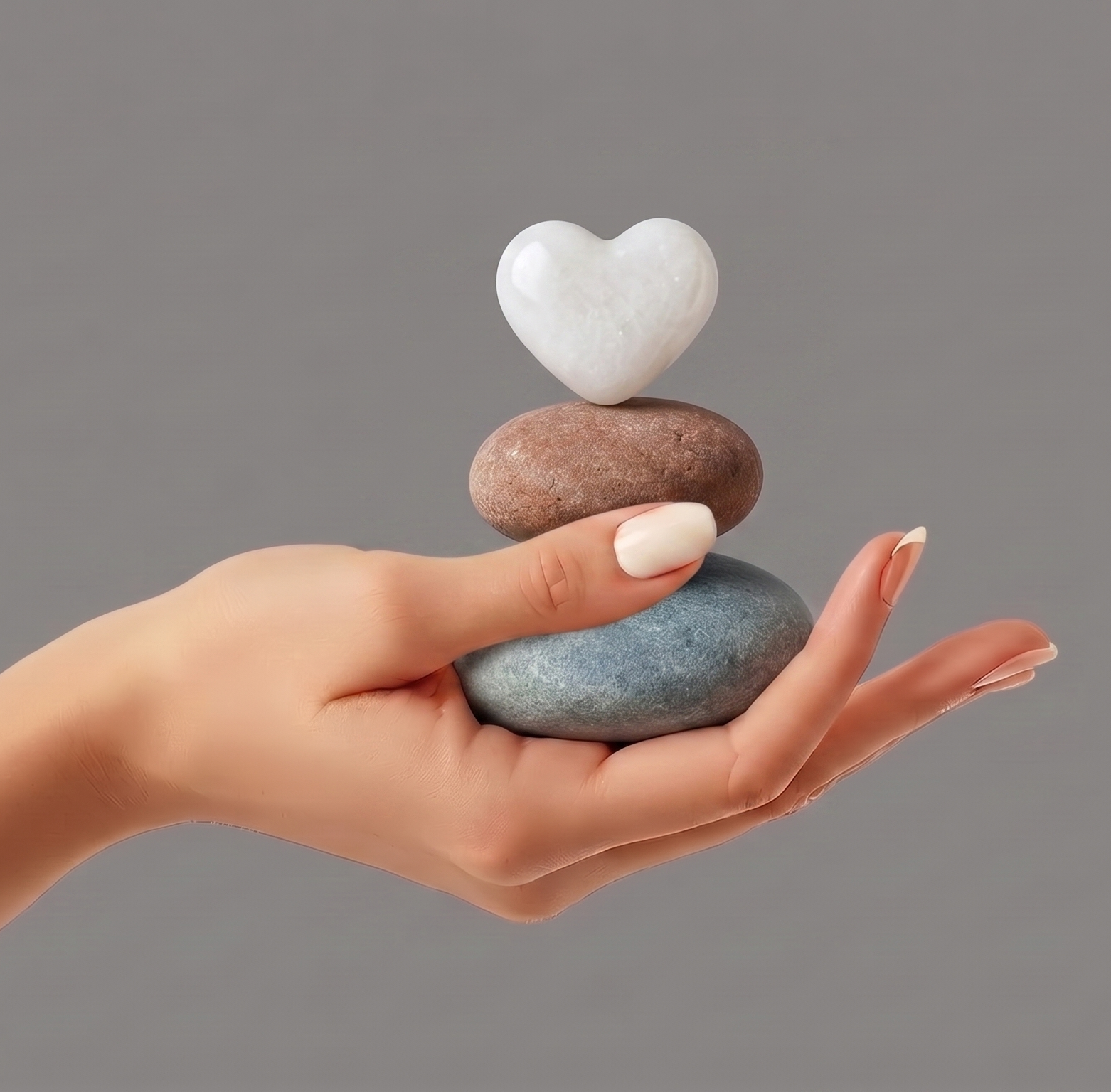 A hand with an amazing manicure holding 3 stones with the top stone being a heart shaped one.